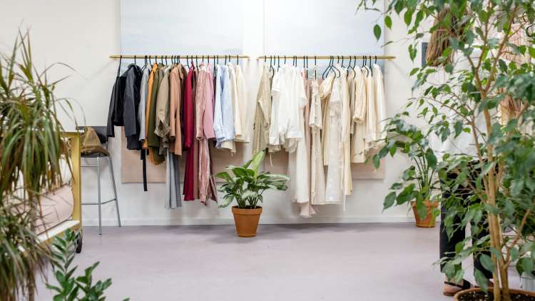 Clothes hanging on rack surrounded by plants